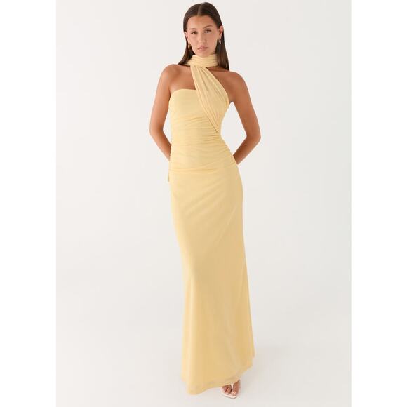 Pepper Mayo Yellow Songbird Maxi Dress Ruched Detail Summer Preppy Formal Trendy - Picture 4 of 13